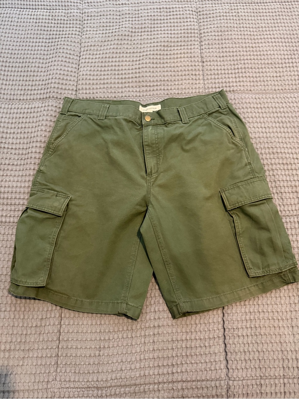 Amazon Essentials Men's Green Cotton Canvas Cargo Shorts Zip Fly Flat Front